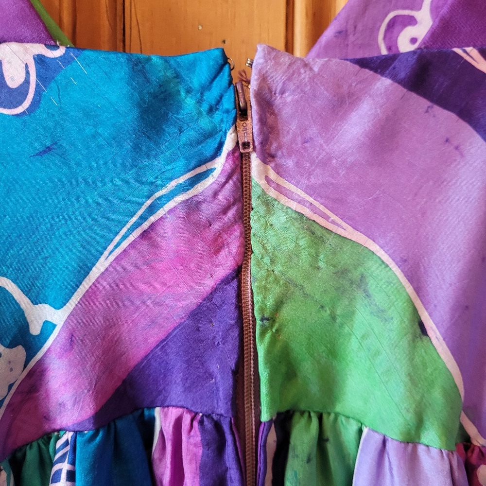 Vintage 70s Silk Batik Maxi Dress Blue And Purple size small Wedding Guest Party - Picture 6 of 7